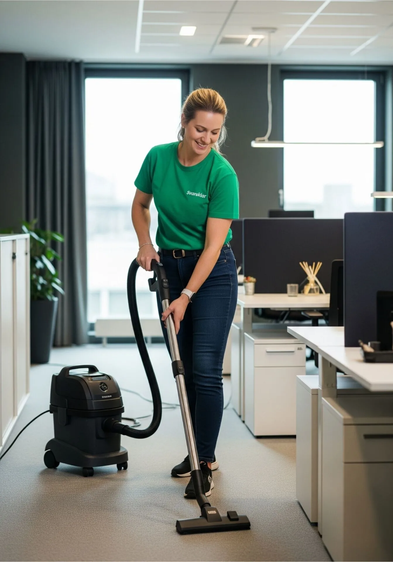 Kontorrengøring i Jylland–kvinde støvsuger på kontor–skab et rent og professionelt kontormiljø med godt indeklima