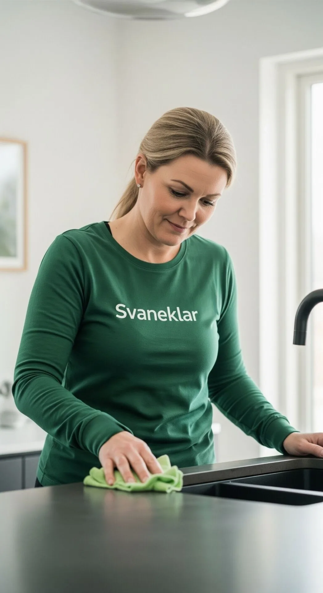 Tryg-og-miljøansvarlig-hjemmerengøring–Svaneklar-medarbejder-gør-rent-i-køkkenet–fokus-på-tillid-og-bæredygtighed