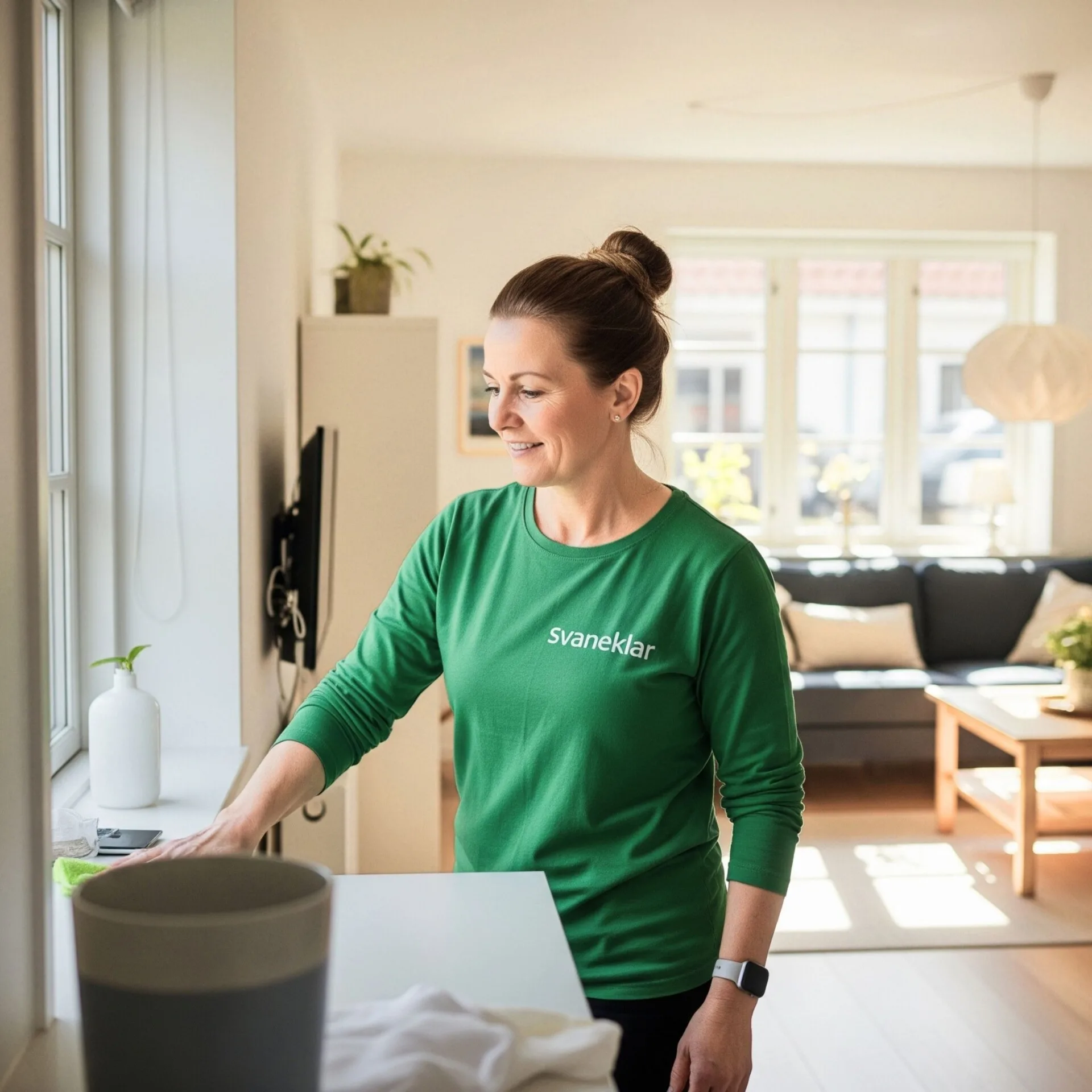 Privatrengøring i Jylland–kvinde gør rent på vinduesbænk–skab ro og velvære i dit hjem med Svaneklar
